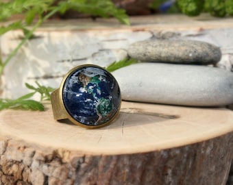 Planet Earth Ring | Antique Bronze Ring | Glass Cabochon | Space Jewelry | Planet Ring | Handmade Jewelry | Custom Design