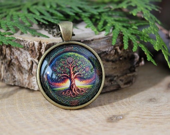 Tree Of Life Pendant | Glass Cabochon Pendant With Chain | Antique Bronze Pendant