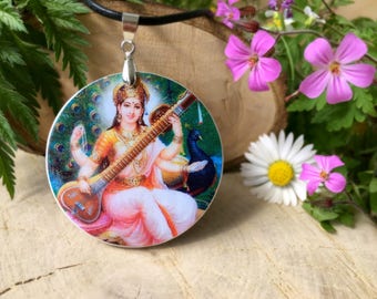 Saraswati Necklace | Handmade Goddess of Knowledge and Arts Pendant | Polymer Clay | Hindu Necklace | Jewelry | Saraswati Goddess Jewelry