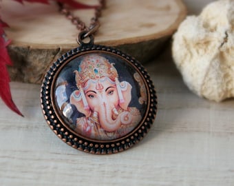 Hindu Lord of Success Ganesha Necklace, Antique Copper Pendant, Glass Cabochon Pendant With Chain