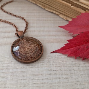 Antique Copper Mayan Calendar Necklace | Ancient Maya Calendar Jewelry | Maya Pendant | Aztec Calendar | Mayan Calendar Necklace