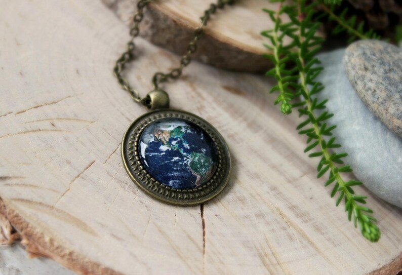 Earth Bronze Pendant Antique Bronze Pendant Glass Cabochon Space Jewelry Pendant with Chain Handmade Jewelry Custom Design image 4