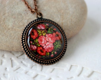 Red Khokhloma Pendant in Antique Copper | Russian Folk Art Necklace | Khokhloma Jewelry | Antique Copper Pendant | Floral Jewelry | Handmade