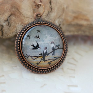 Vintage Amulet Swifts on a branch, Antique Copper Pendant, Glass Cabochon Pendant With Chain image 4