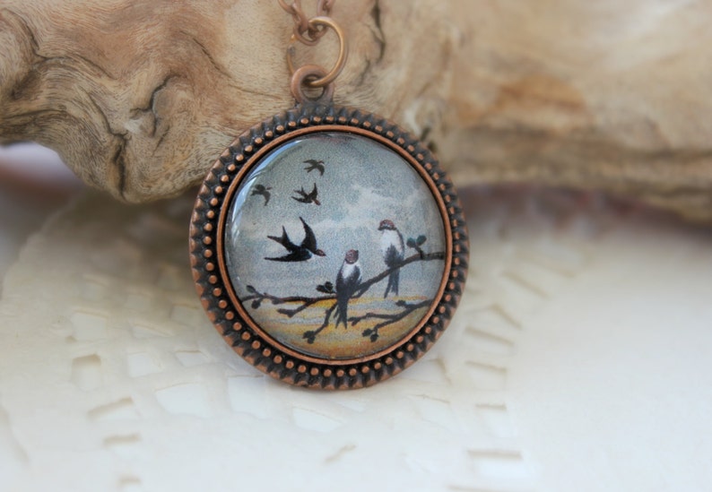 Vintage Amulet Swifts on a branch, Antique Copper Pendant, Glass Cabochon Pendant With Chain image 4