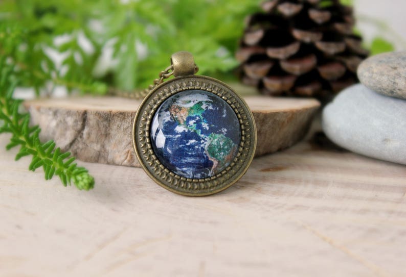 Earth Bronze Pendant Antique Bronze Pendant Glass Cabochon Space Jewelry Pendant with Chain Handmade Jewelry Custom Design image 1