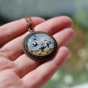 Vintage Amulet Swifts on a branch, Antique Copper Pendant, Glass Cabochon Pendant With Chain image 2