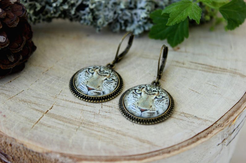 Leopard Earrings, Antique Bronze Earrings, Glass Dome Earrings, Dangle Earrings, Animal Jewelry image 4