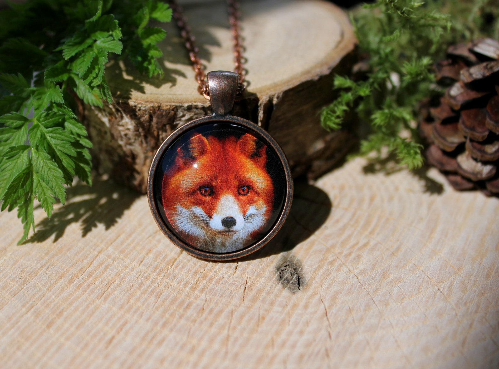 Copper Fox Pendant Antique Copper Animal Pendant Glass Etsy