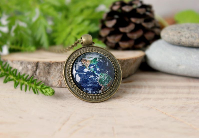 Earth Bronze Pendant Antique Bronze Pendant Glass Cabochon Space Jewelry Pendant with Chain Handmade Jewelry Custom Design image 3