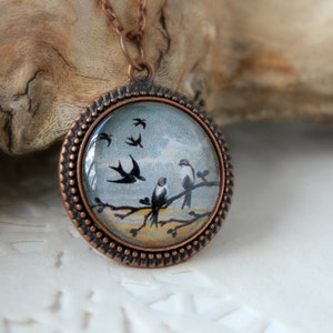 Vintage Amulet Swifts on a branch, Antique Copper Pendant, Glass Cabochon Pendant With Chain image 1