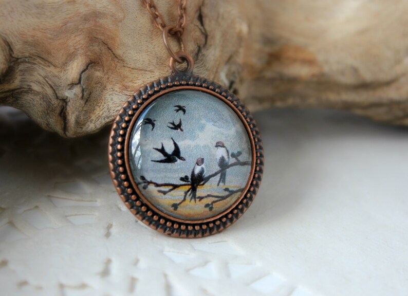 Vintage Amulet Swifts on a branch, Antique Copper Pendant, Glass Cabochon Pendant With Chain image 1