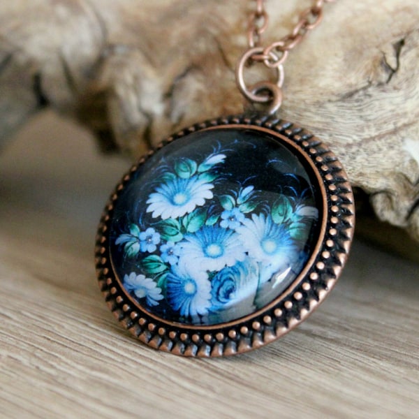 Blue Floral Pendant in Antique Copper | Russian Folk Art Necklace | Zhostovo Jewelry | Antique Copper Pendant | Floral Jewelry | Handmade