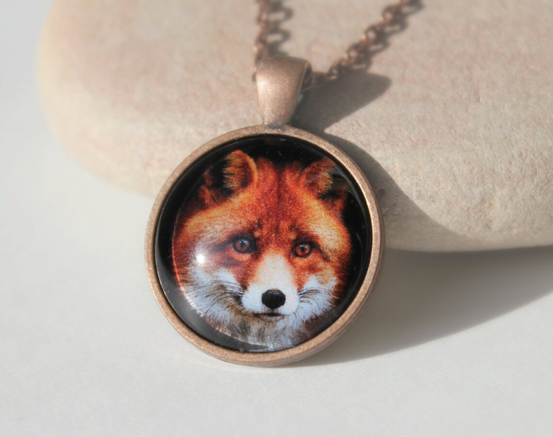 Copper Fox Pendant Antique Copper Animal Pendant Glass Etsy