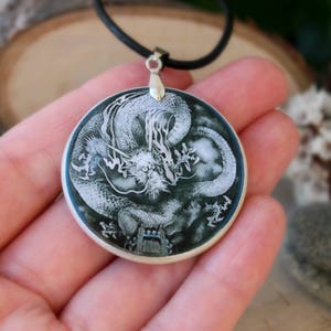 May include: A silver pendant necklace with a black cord. The pendant is a round, white and black dragon design on a dark green background.