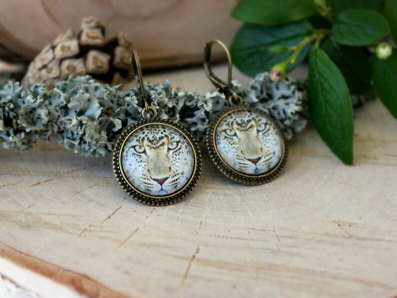 Leopard Earrings, Antique Bronze Earrings, Glass Dome Earrings, Dangle Earrings, Animal Jewelry image 1