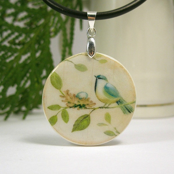 Blue Tit On A Branch Pendant | Vintage Bird Image Necklace | Personalized Jewelry