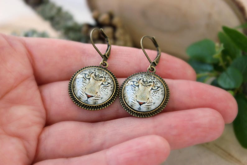 Leopard Earrings, Antique Bronze Earrings, Glass Dome Earrings, Dangle Earrings, Animal Jewelry image 2