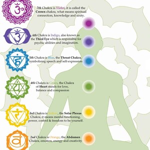 May include: An illustration of the seven chakras, each with a different color and symbol. The chakras are located on a human body outline, with text describing each chakra's name, color, and meaning. The text includes the words "Violet", "Indigo", "Blue", "Green", "Yellow", "Orange", and "Red".