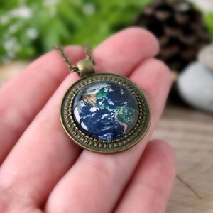 Earth Bronze Pendant Antique Bronze Pendant Glass Cabochon Space Jewelry Pendant with Chain Handmade Jewelry Custom Design image 2