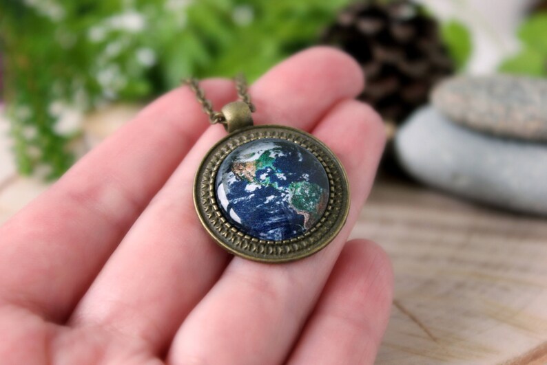 Earth Bronze Pendant Antique Bronze Pendant Glass Cabochon Space Jewelry Pendant with Chain Handmade Jewelry Custom Design image 2