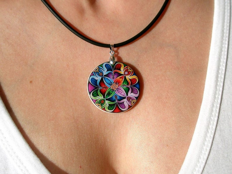 Abstract Wavy Pattern Pendant Rainbow Kaleidoscope Necklace Polymer Clay Pendant Personalized Jewelry image 1