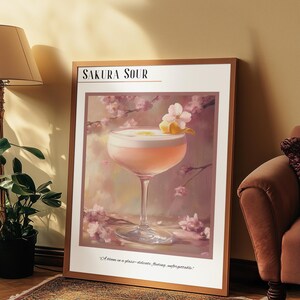 Decoración de carrito de bar, póster de cócteles, bebida de autor, Sakura Sour, arte de martini, impresiones de cócteles, decoración de estanterías, impresión mate