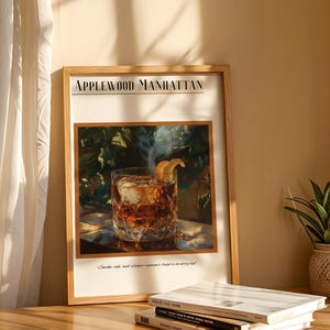 Decoración de carrito de bar, póster de cócteles, bebida de autor, Applewood Manhattan, arte de martini, impresiones de cócteles, decoración de estanterías, impresión mate