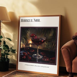 Decoración de carrito de bar, póster de cócteles, bebida de autor, hibisco negro, arte de martini, impresiones de cócteles, decoración de estanterías, impresión mate