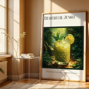 Decoración de carrito de bar, póster de cócteles, bebida de autor, jungla chartreuse, arte de martini, impresiones de cócteles, decoración de estanterías, impresión mate