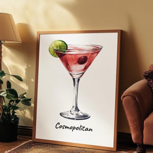 Decoración de carrito de bar, póster de cócteles, bebida de autor, Cosmopolitan, arte de martini, impresiones de cócteles, decoración de estanterías, impresión mate