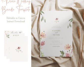 Pearl White Wedding Invitation Template Bundle | Garden Floral Editable Canva Invite Set | RSVP, Details & Timeline Card | Instant Download
