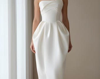 Satin White Strapless Midi Dress, Structured Cocktail Dress