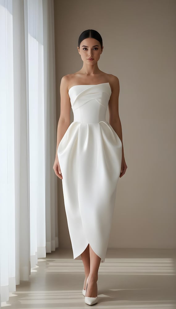 Satin White Strapless Midi Dress, Structured Cocktail Dress Satin White Strapless Midi Dress, Structured Cocktail Dress
