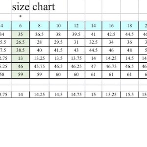 May include: A size chart with measurements in inches. The chart includes bust, waist, hip, hollow to waist, waist to hem, and hollow to hem measurements, with sizes ranging from 0 to 30.