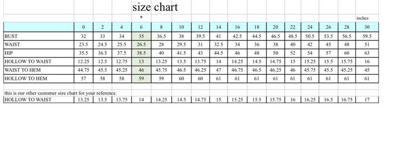 May include: A size chart with measurements in inches. The chart includes bust, waist, hip, hollow to waist, waist to hem, and hollow to hem measurements, with sizes ranging from 0 to 30.