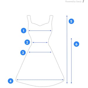 May include: A white diagram of a dress with numbered arrows indicating measurement points. The diagram includes measurements for the bust, waist, hips, and overall length. The text "Size.ly Powered by Size.ly" is in the upper right corner.