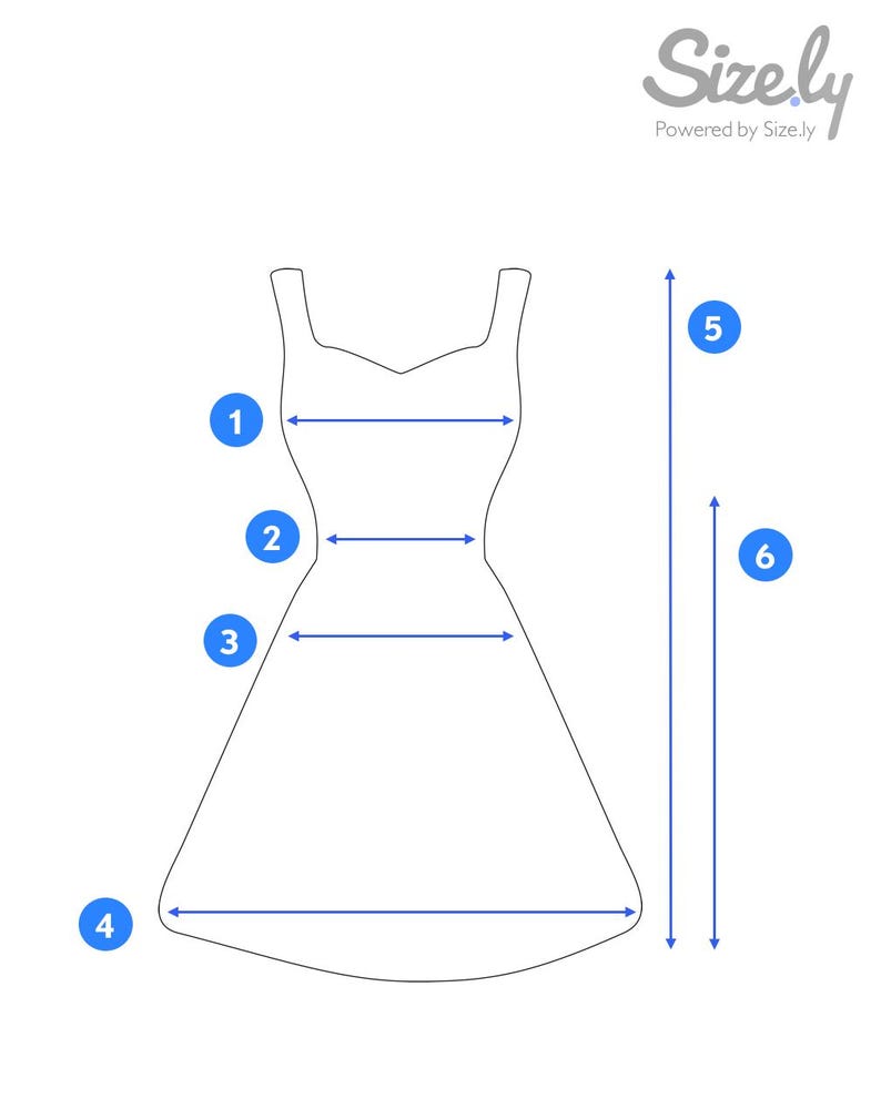 May include: A white diagram of a dress with numbered arrows indicating measurement points. The diagram includes measurements for the bust, waist, hips, and overall length. The text "Size.ly Powered by Size.ly" is in the upper right corner.