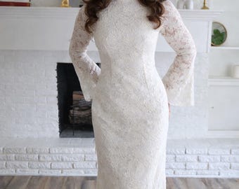 Long Sleeve Lace Wedding Dress, Open Back Bridal Dress, Civil Wedding Dress, Vintage Lace Bridal Gown, Reception Dress, Modest Wedding Dress