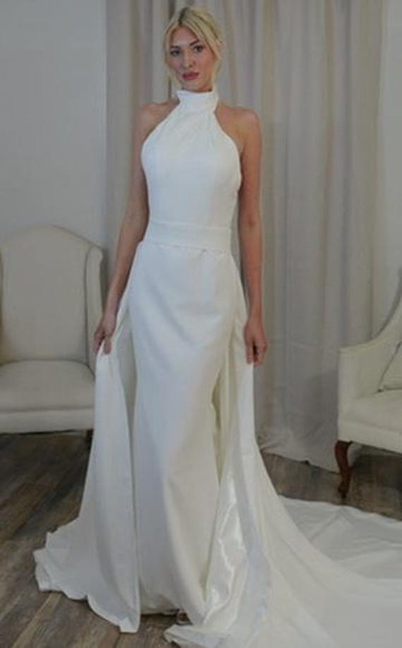 Crepe Wedding Dress: High Neckline Open Back with Overskirt