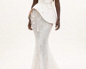 Vestido de novia con corsé de perlas / Vestido de novia moderno de encaje / Vestido de novia sin tirantes con perlas / Vestido de novia de lujo