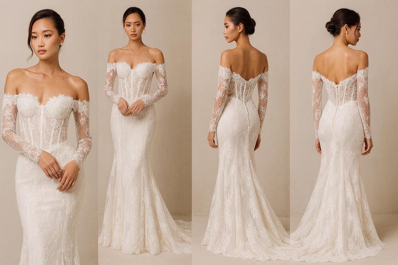 May include: Off-the-shoulder white lace wedding dress with long sleeves. The bodice has a corset-like structure, and the skirt flares out from the knees. The dress features delicate lace detailing throughout, creating an elegant and romantic look.