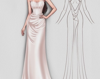 Boceto de vestido de novia personalizado l Dibujo de vestido de novia l Boceto de novia de alta costura l Boceto de moda