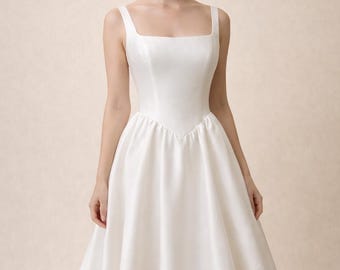 Vestido de novia minimalista de satén con cintura vasca y botones / Vestido de novia con corsé y escote cuadrado / Vestido de novia elegante y moderno de corte A