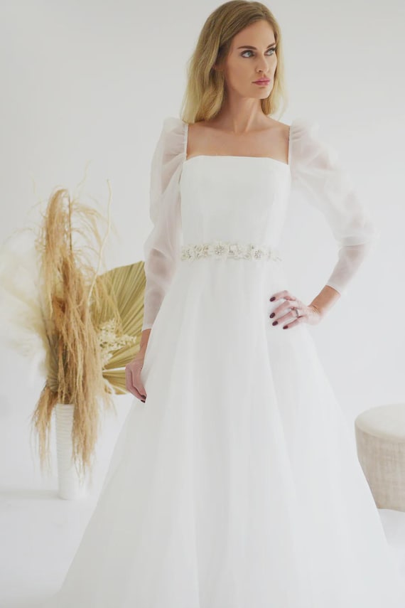 sheer puff sleeve white dress White Square Neck Midi Dress With Sheer Puff Sleeves | Elegant Engagement or Wedding Guest Outfit | Minimalist Formal Gown