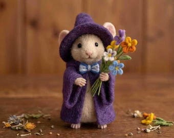 Florian the Flower Mage - Needle Felted Mouse - Whiskered Chronicles Collectible - Handmade Wool Art Mouse in Purple Cloak with Bouquet