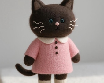 Handmade Felt Black Cat Doll – Cute Wool Cat Plush Toy  – Waldorf Inspired Soft Stuffed Animal Gift for Kids & Collectors
