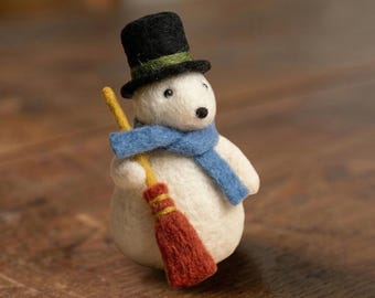 Bramble the Frost-Watcher - Needle Felted Snowman - The Whiskered Chronicles Collectible - Handmade Holiday Decor - Wool Art with Tiny Broom
