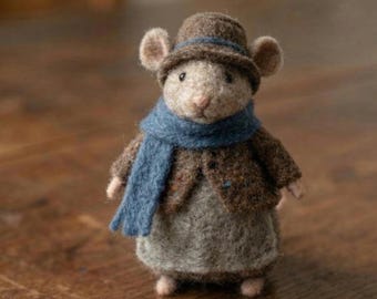 Elias the Folklorist - Needle Felted Mouse - The Whiskered Chronicles Collectible Wool Art - Handmade Whimsical Gift with Blue Scarf