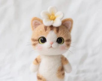 Handmade Felt Cat Figurine, Cute Fluffy Kitty with Flower, Needle Felted Animal, Kawaii Cat Gift, Miniature Home Decor